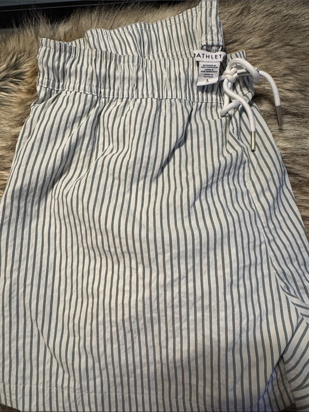 Athleta White Shorts with Thin Green Stripes and Drawstring - Picture 2 of 2